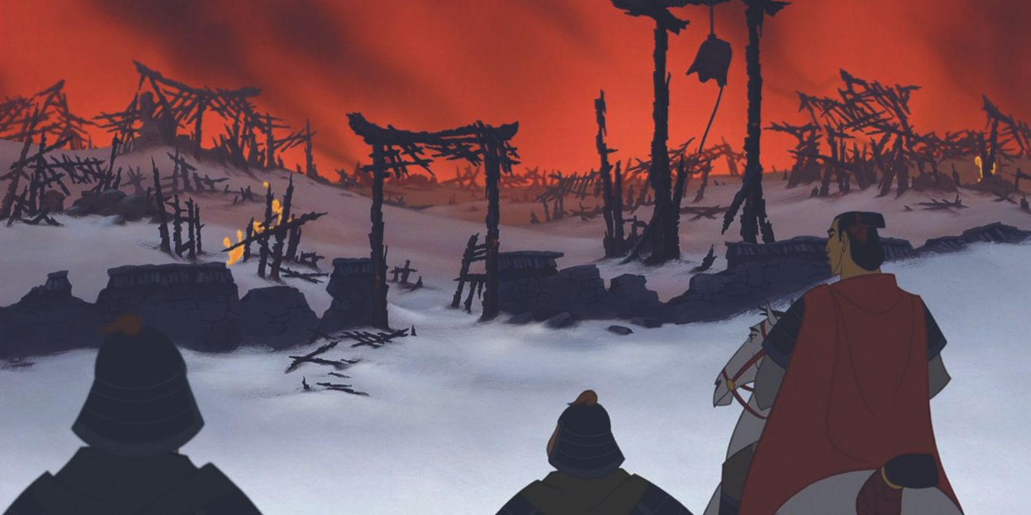 Captain Li Shang and the soldiers discover a destroyed village in Mulan.