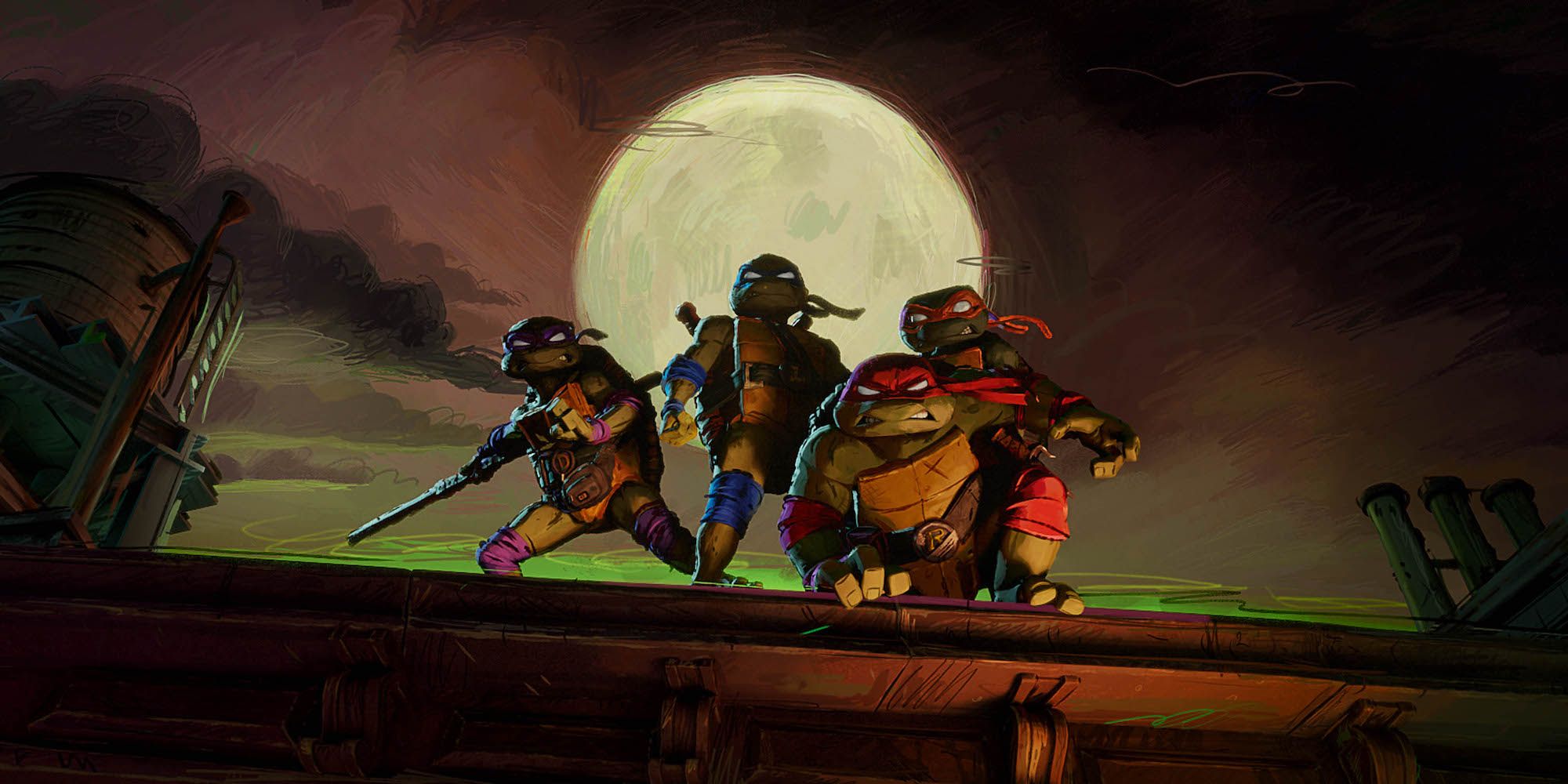 Teenage Mutant Ninja Turtles posing together on a terrace in Mutant Mayhem
