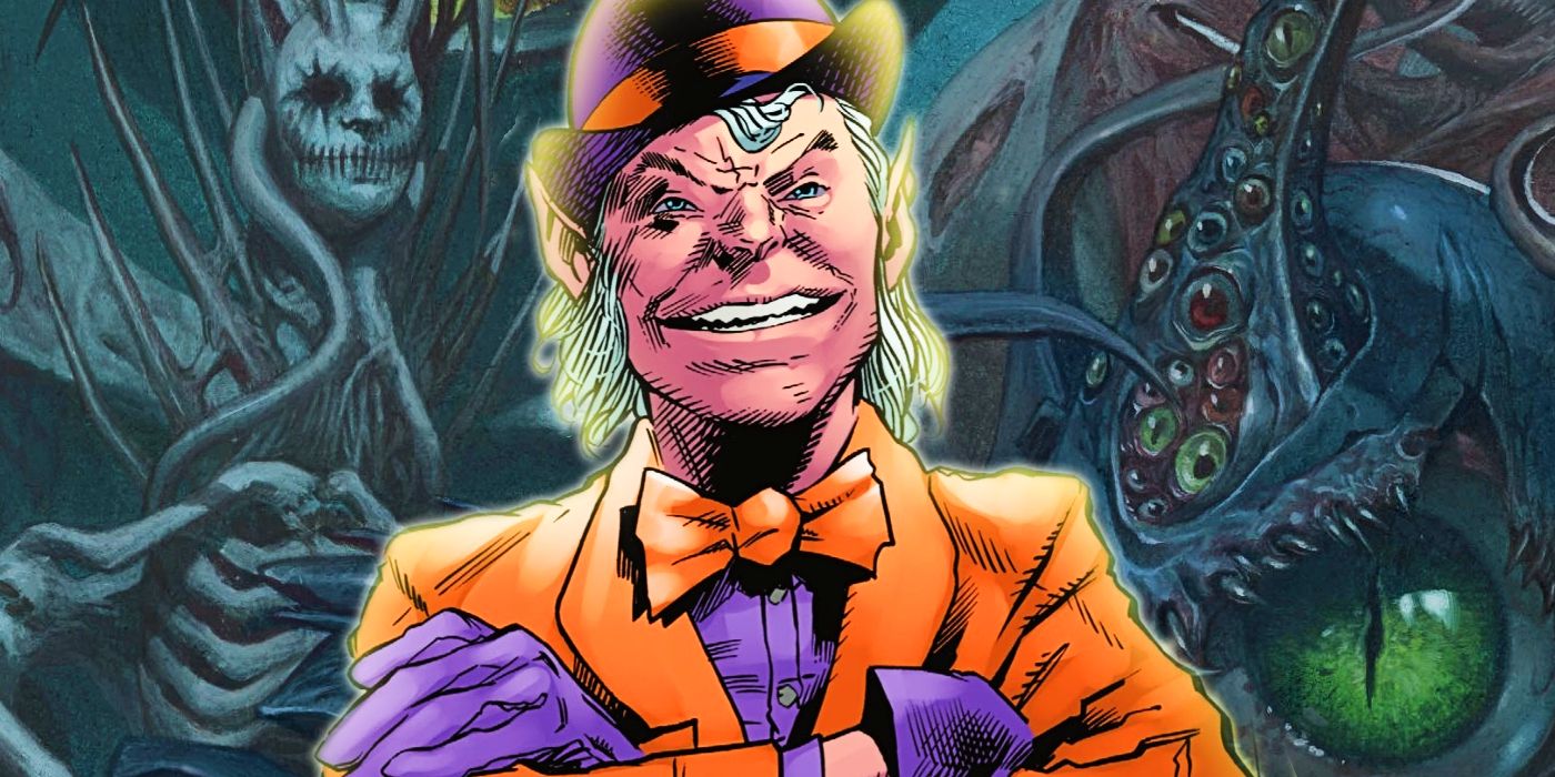 Mxyzptlk crosses his arms against a backdrop of 5th-dimensional horrors.