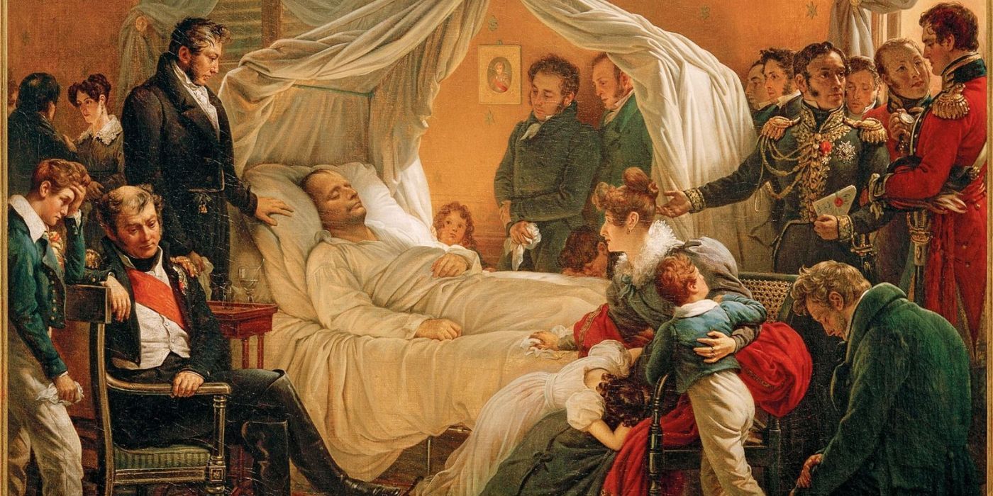 Napoleon on his deathbed as he is surrounded by a grieving audience
