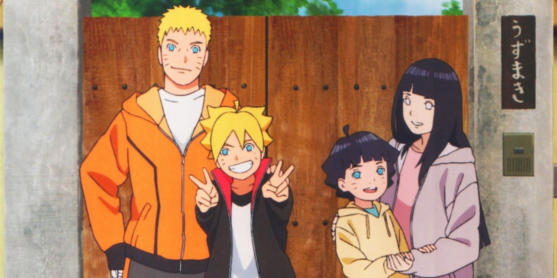 Naruto, Hinata, Boruto e Himawari juntos em uma foto de família.