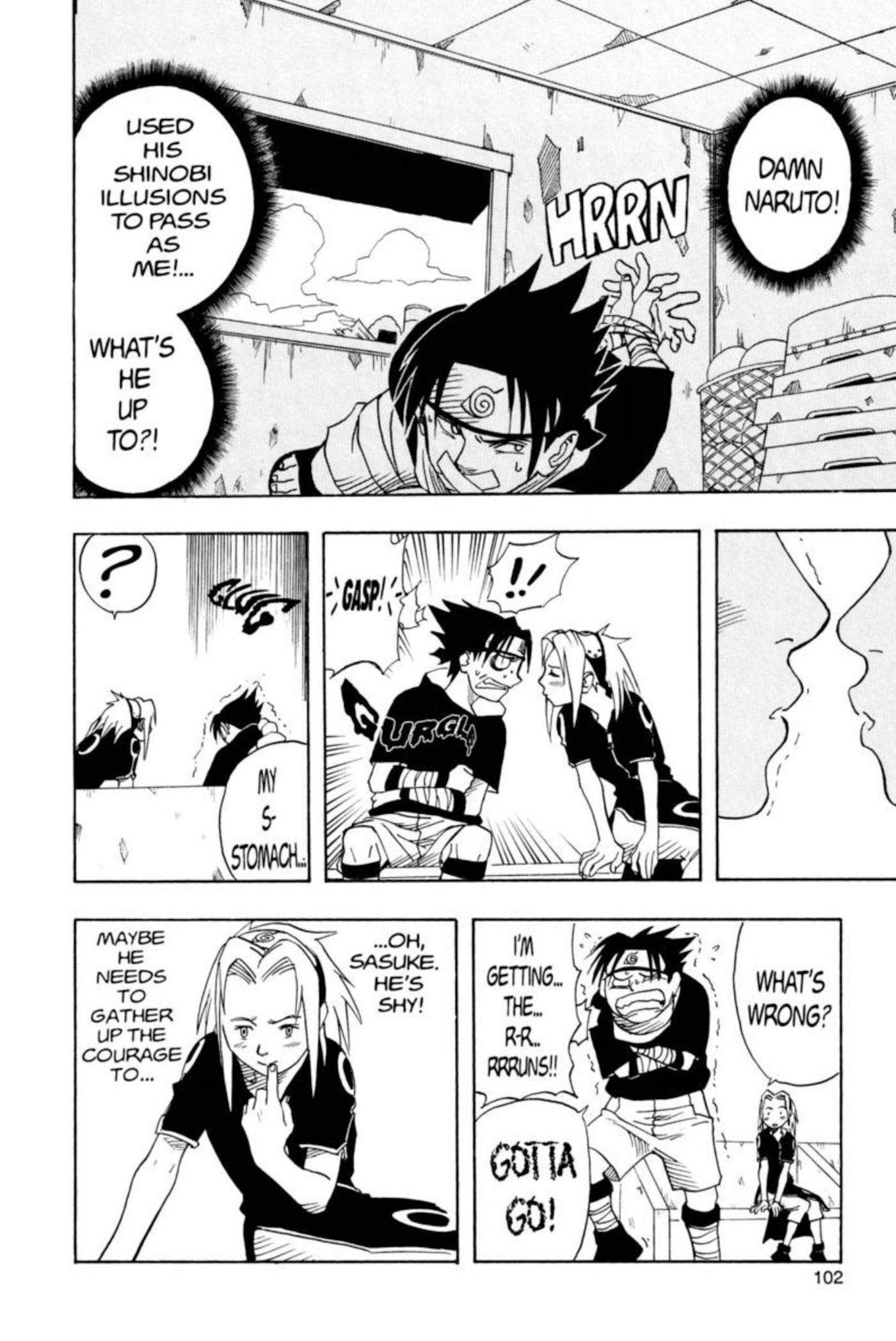 Gambar dari manga Naruto chapter 3 menunjukkan Sasuke diikat dan Naruto yang menyamar hampir mencium Sakura sampai dia kabur dan harus pergi.