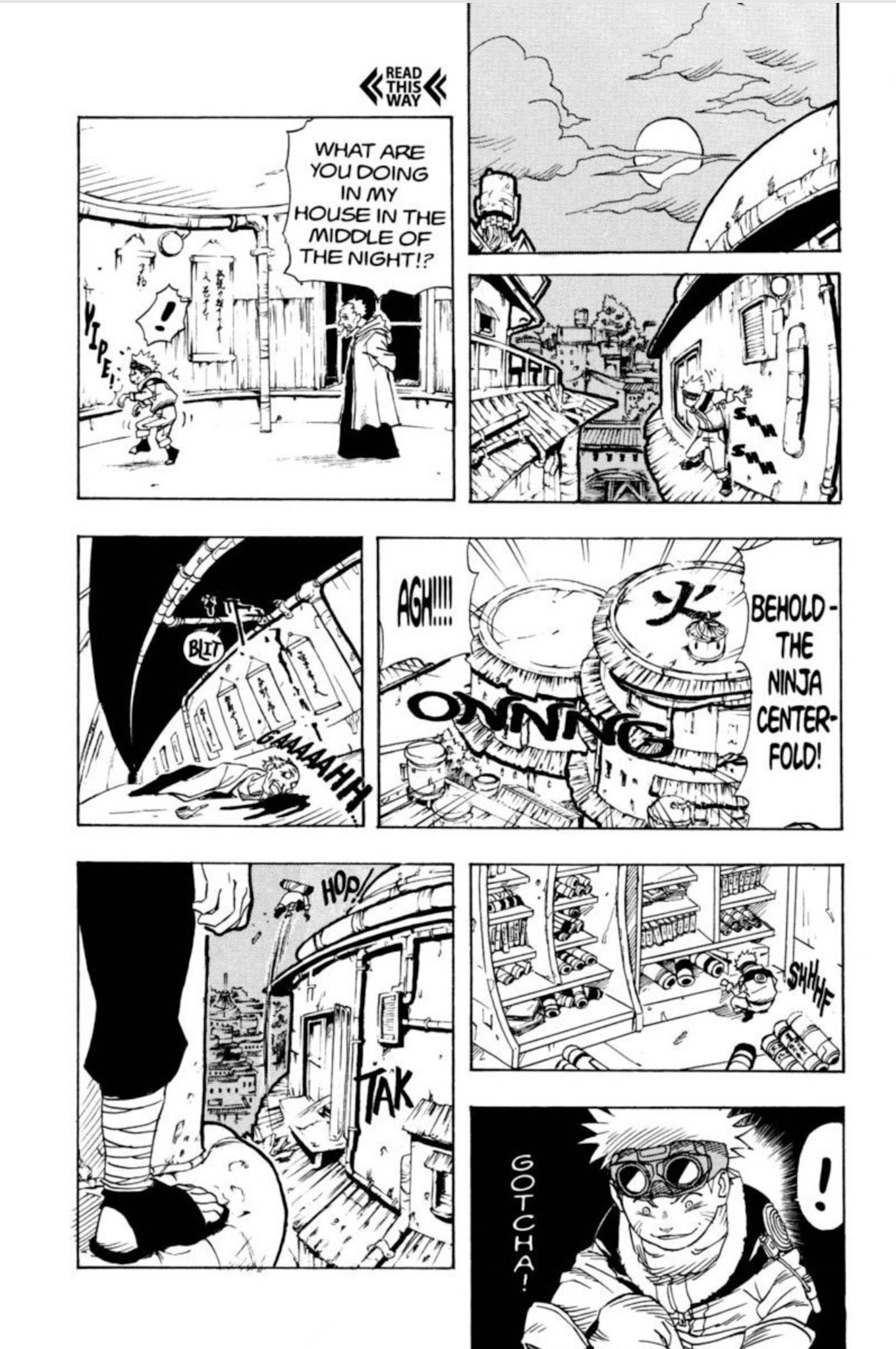 Gambar dari bab satu manga Naruto menunjukkan Naruto menyelinap ke manison Hokage, mengalahkan Hokage Ketiga, dan kemudian melarikan diri dengan Gulungan Segel.
