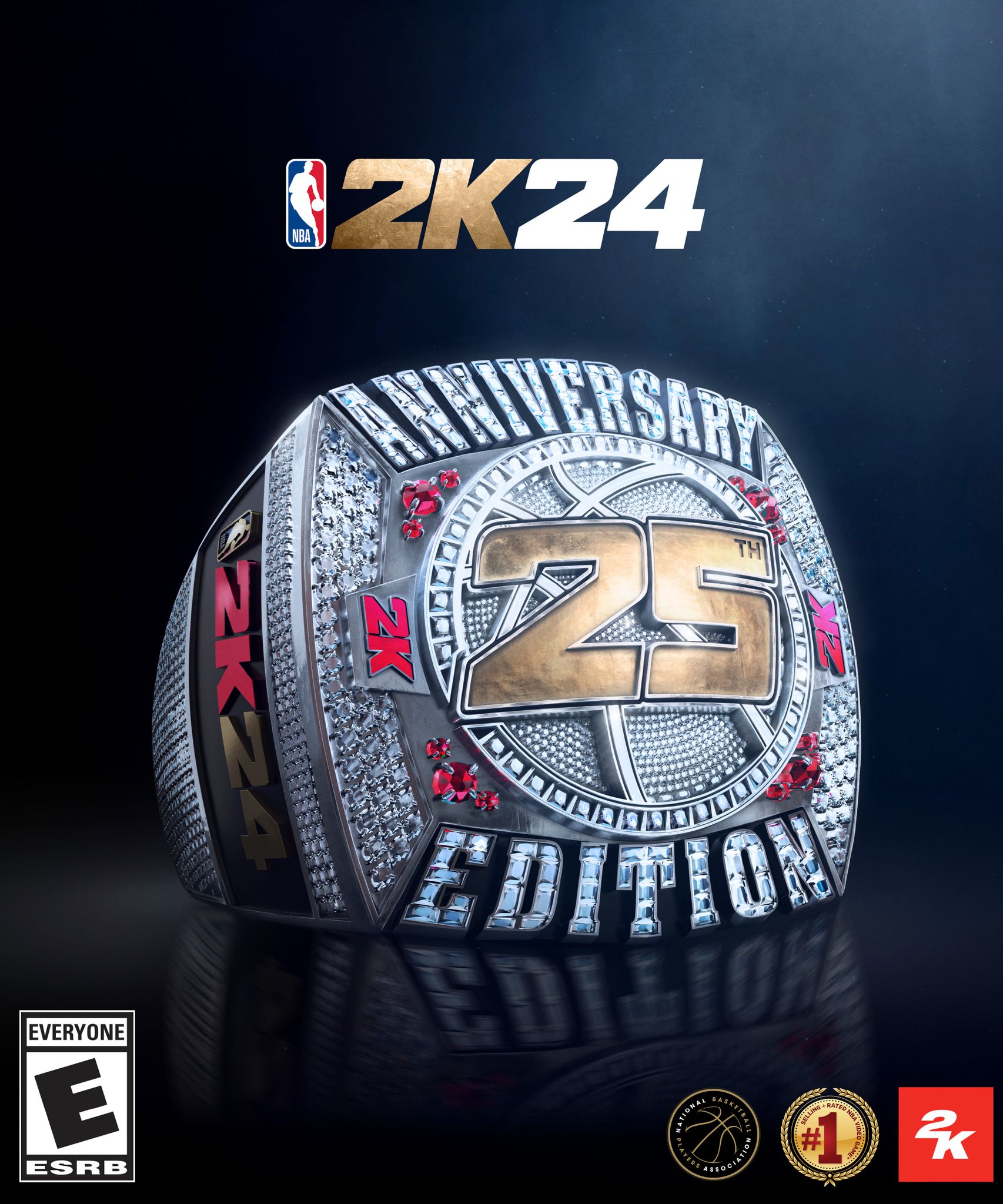 Seni sampul untuk Edisi Ulang Tahun ke-25 NBA 2K24, yang menampilkan tampilan dekat cincin bergaya Kejuaraan NBA dengan 