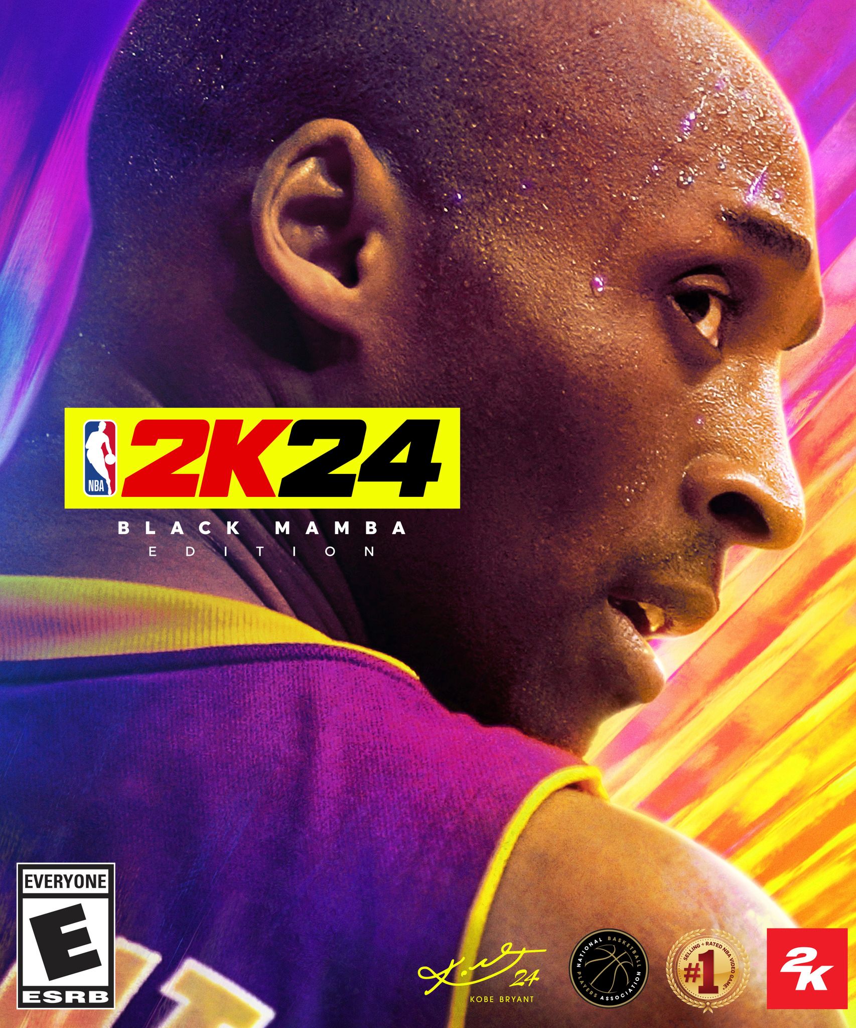 Gambar sampul dari Edisi Mamba Hitam NBA 2K24, menunjukkan Kobe Bryant mengenakan jersey tandang Lakers ungu dan melihat ke belakang bahu kanannya.  Butir-butir keringat terlihat di dahinya.