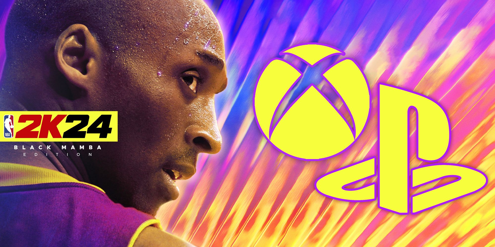 Kobe Bryant looking over his shoulder on the cover of NBA 2K24 Black Mamba Edition next to purple and gold Xbox and PlayStation logos.
