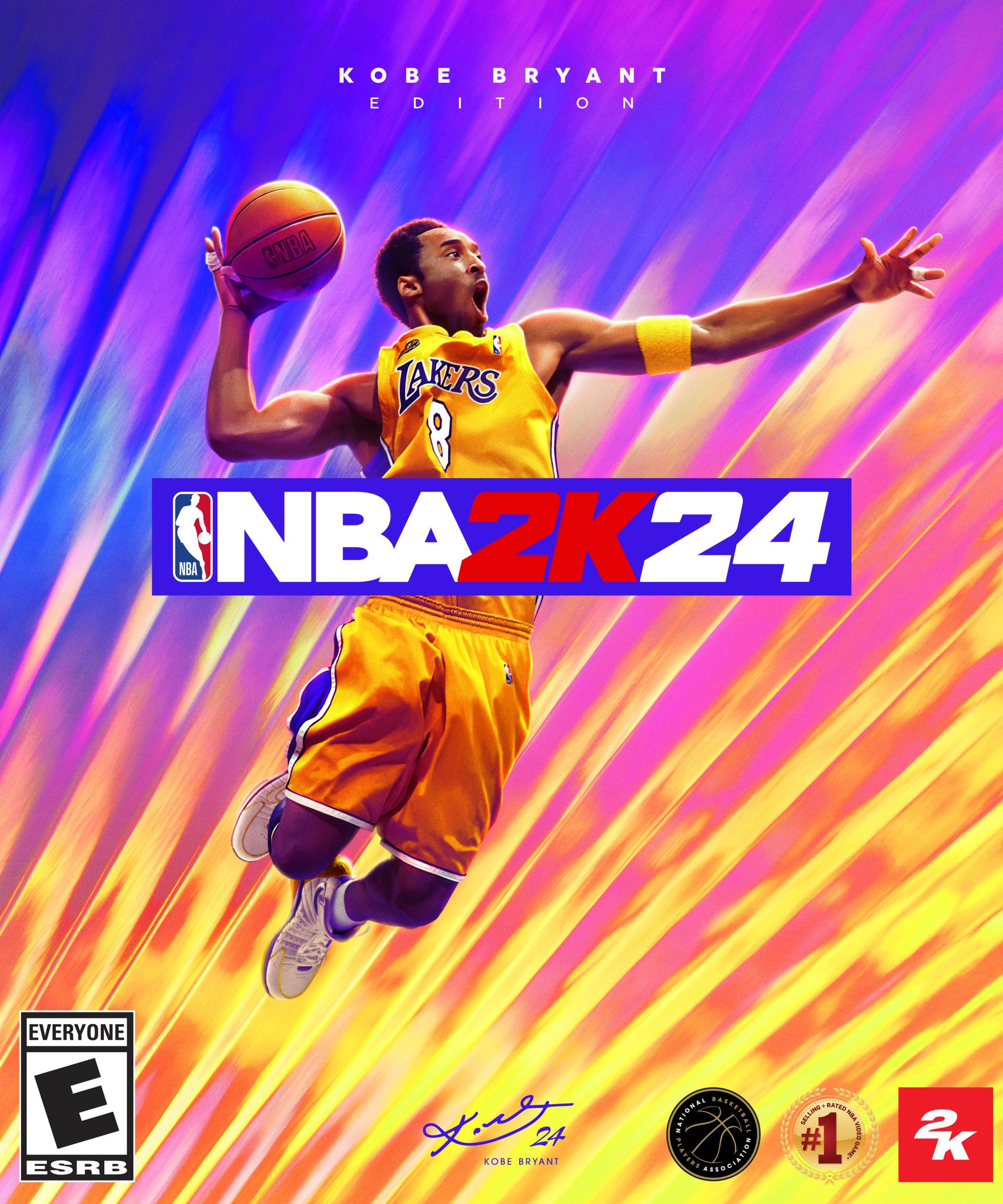 Seni sampul untuk Edisi Kobe Bryant dari NBA 2K24, menampilkan Kobe dengan kaus kandang emas Lakers melompat ke udara, lengan kanan dikokang ke belakang dengan bola di tangan.