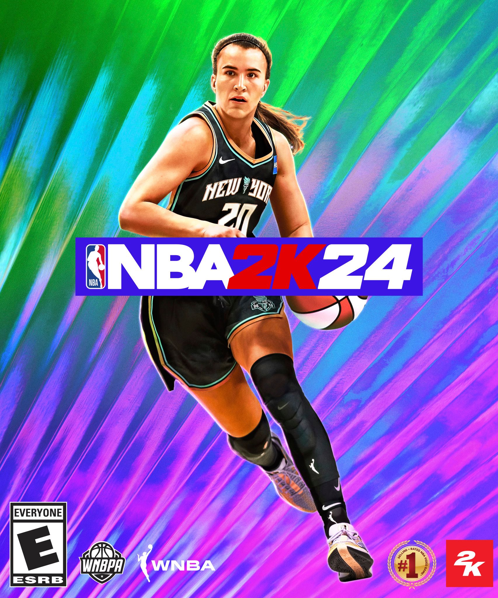 Gambar sampul untuk edisi WNBA NBA 2K24, menampilkan penjaga New York Liberty Sabrina Ionescu berlari dan menggiring bola.