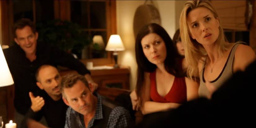 Emily Foxler and the cast of Coherence all looking at someone off camera