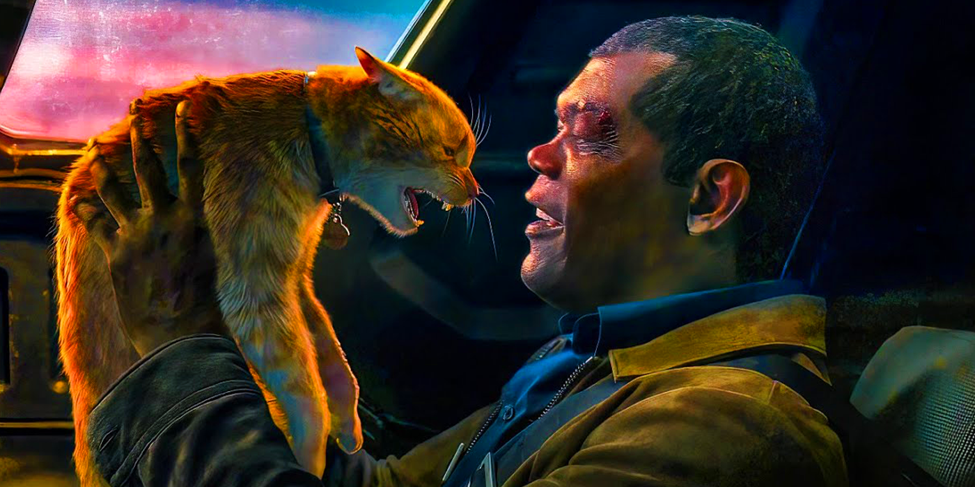 Nick Fury being scratched by Goose in Captain Marvel
