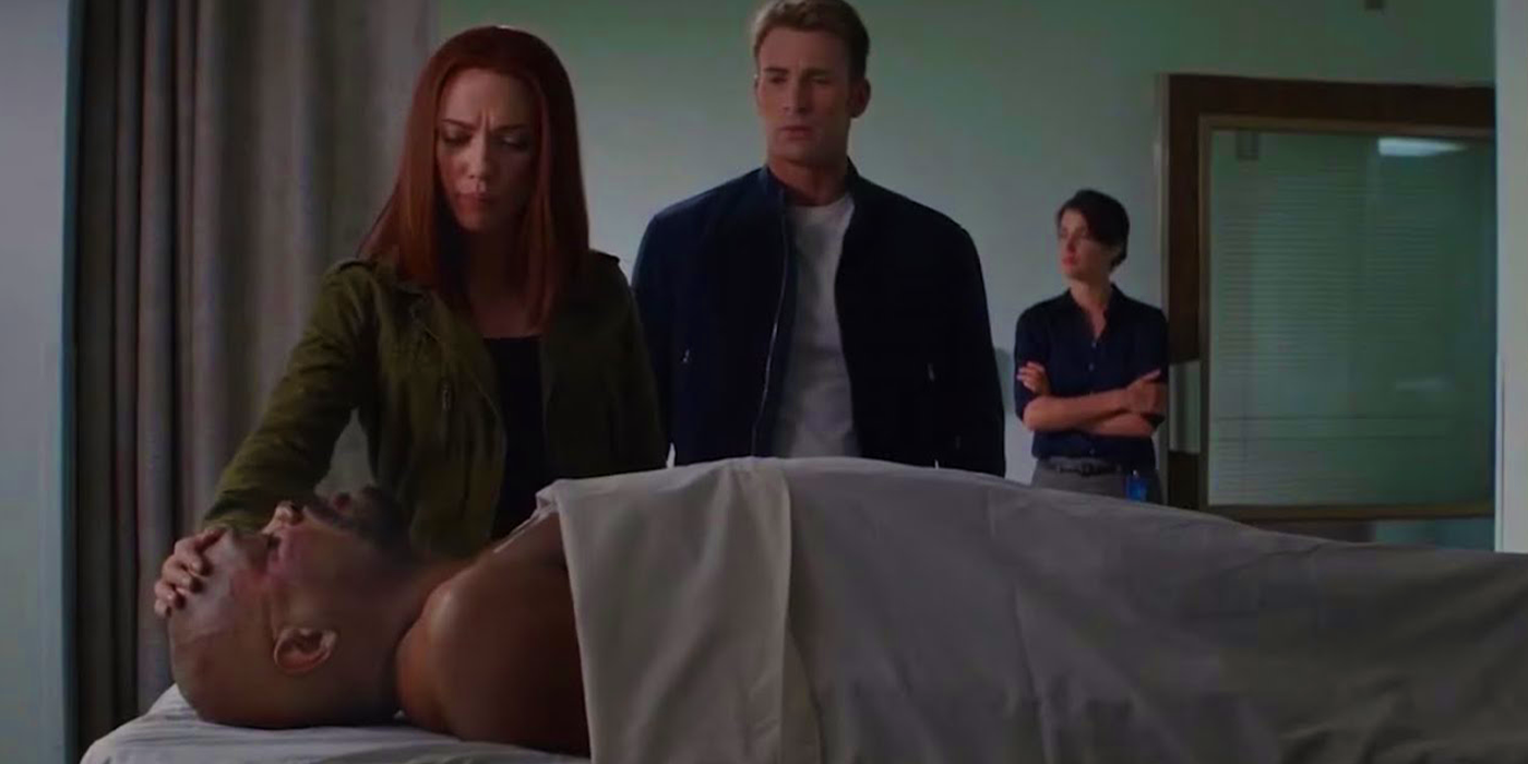 Nick Fury dead in Captain America The Winter Soldier with Black Widow, Captain America, and Maria Hill