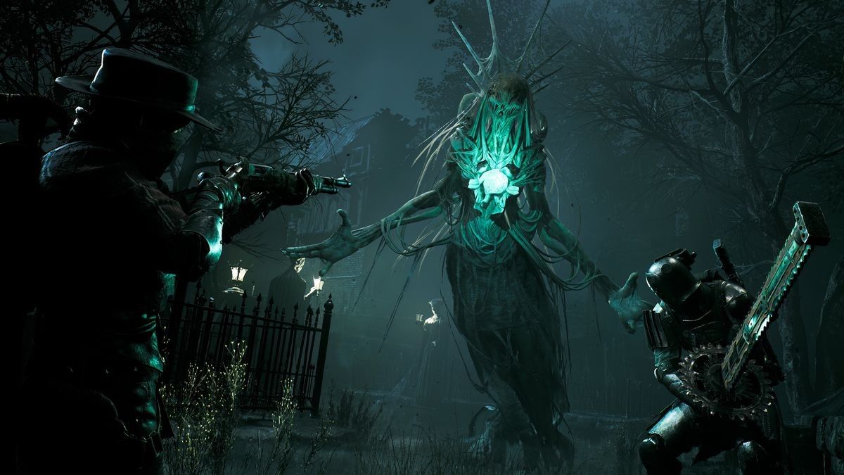 A Gunslinger and Challenger attack the Nightweaver boss in a gray and eery aqua-blue cemetery in Losomn.