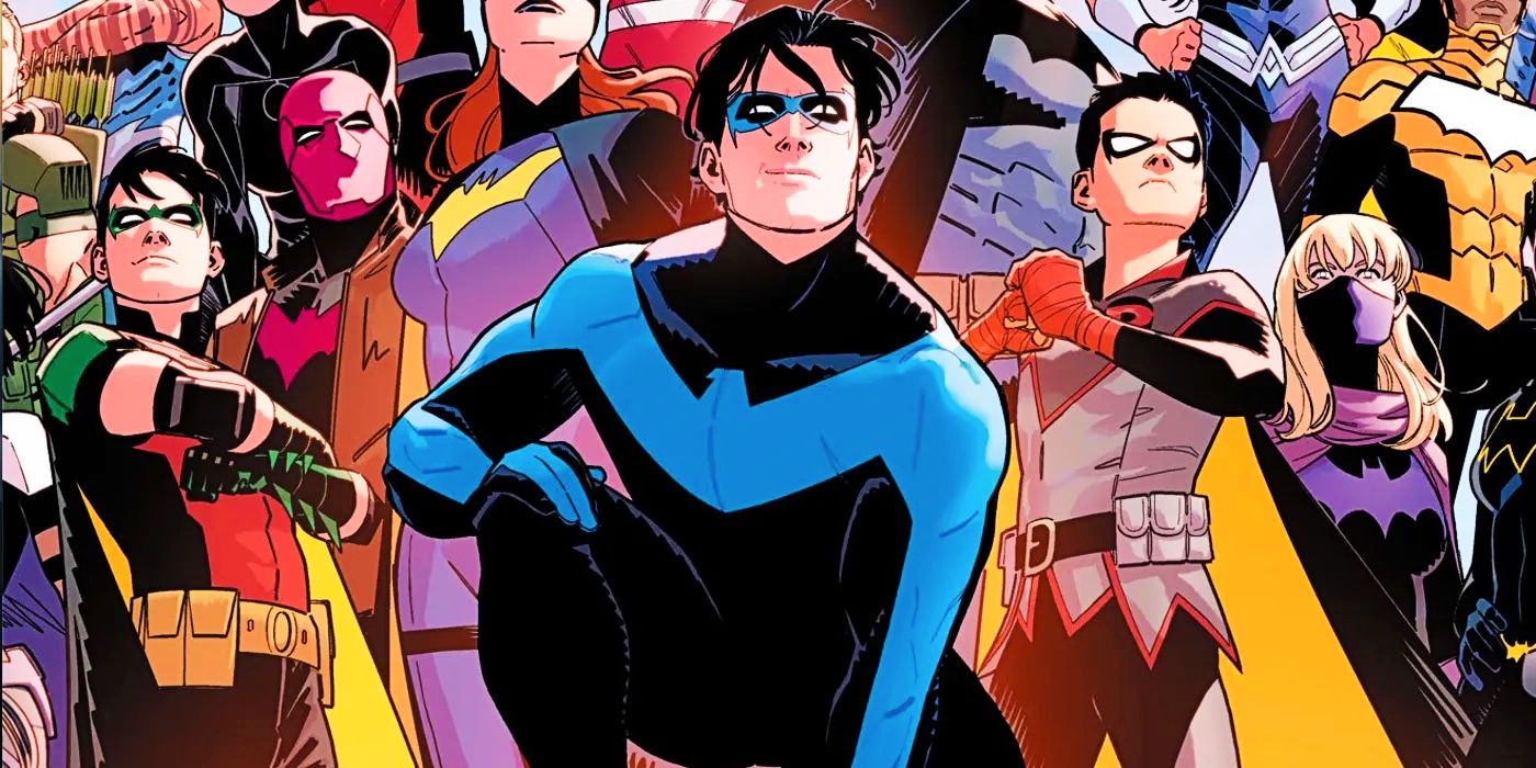 Nightwing crouching with the entire Bat-Family crowded around him