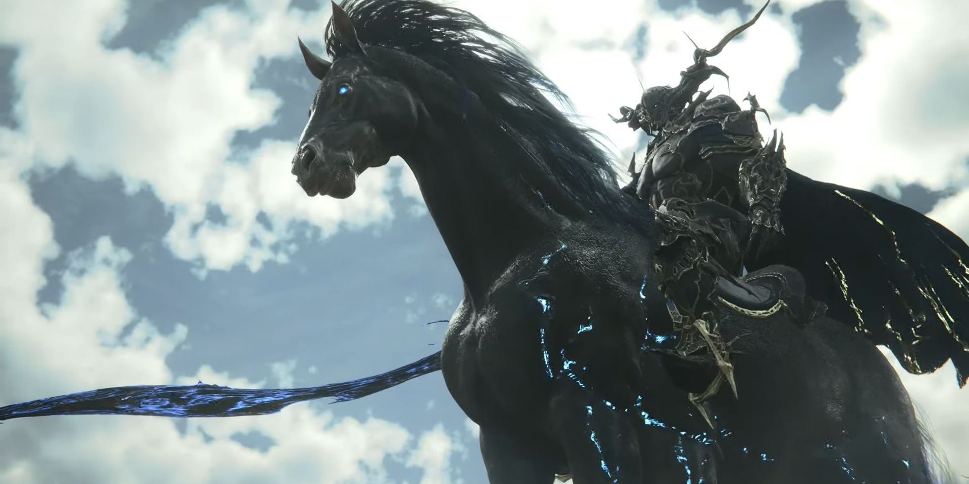 The Dark Knight Odin holds his curved blade astride his black steed against a cloudy sky in a screenshot from FF16.
