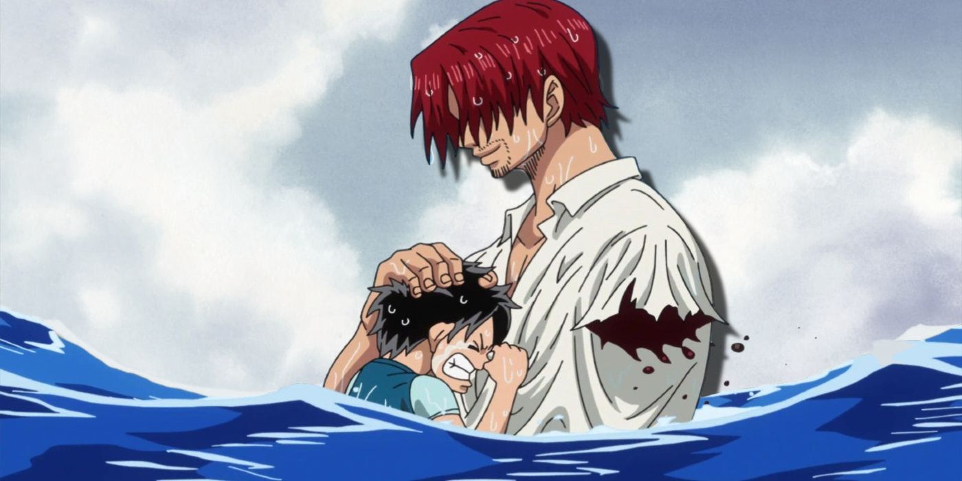 One Piece Shanks embracing Luffy after he lost his arm.