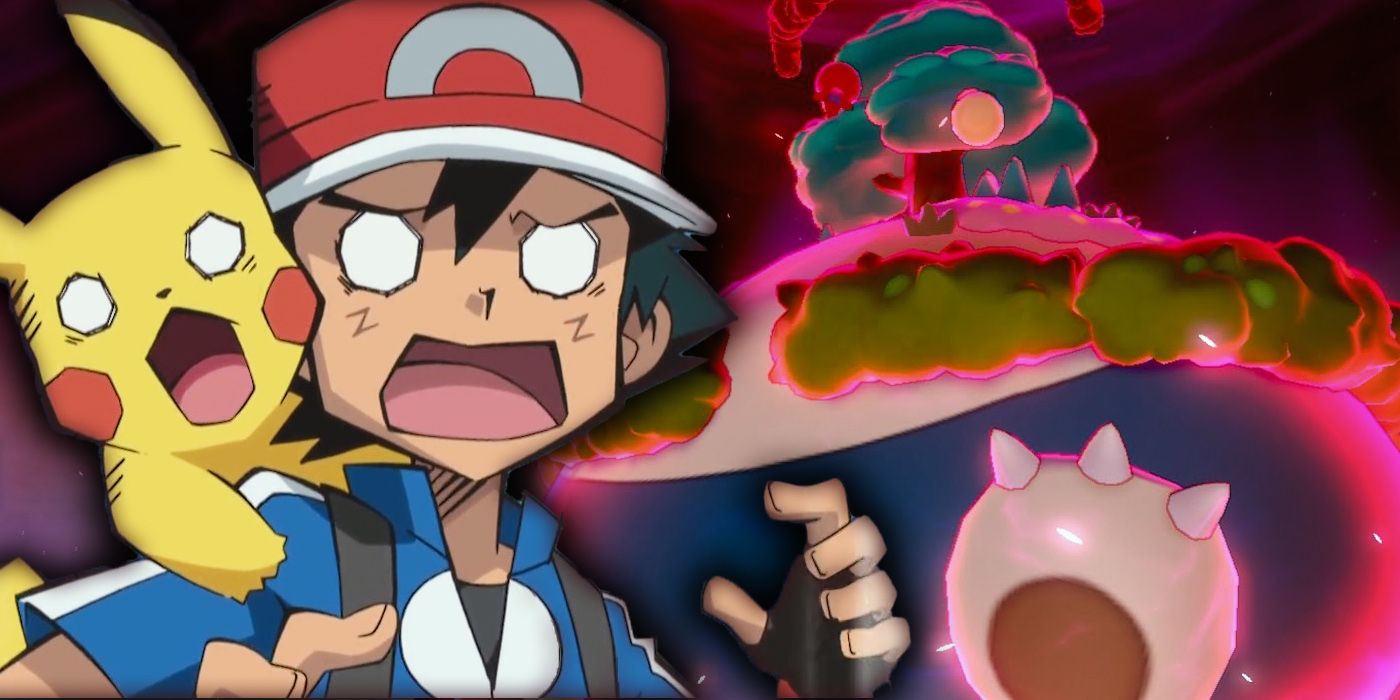 Pokémon's Ash and Pikachu looking scared with a Gigantamax Snorlax in the background.