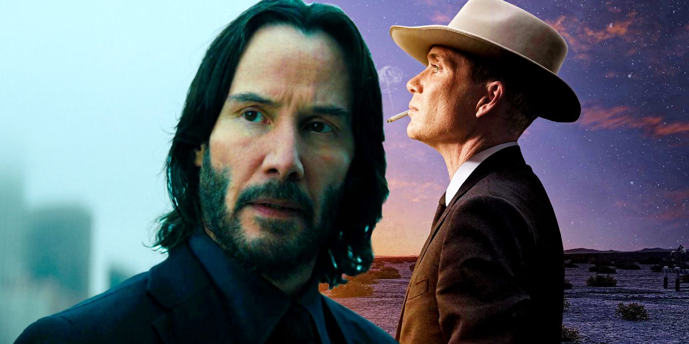 Oppenheimer looking to the side and John Wick looking at something