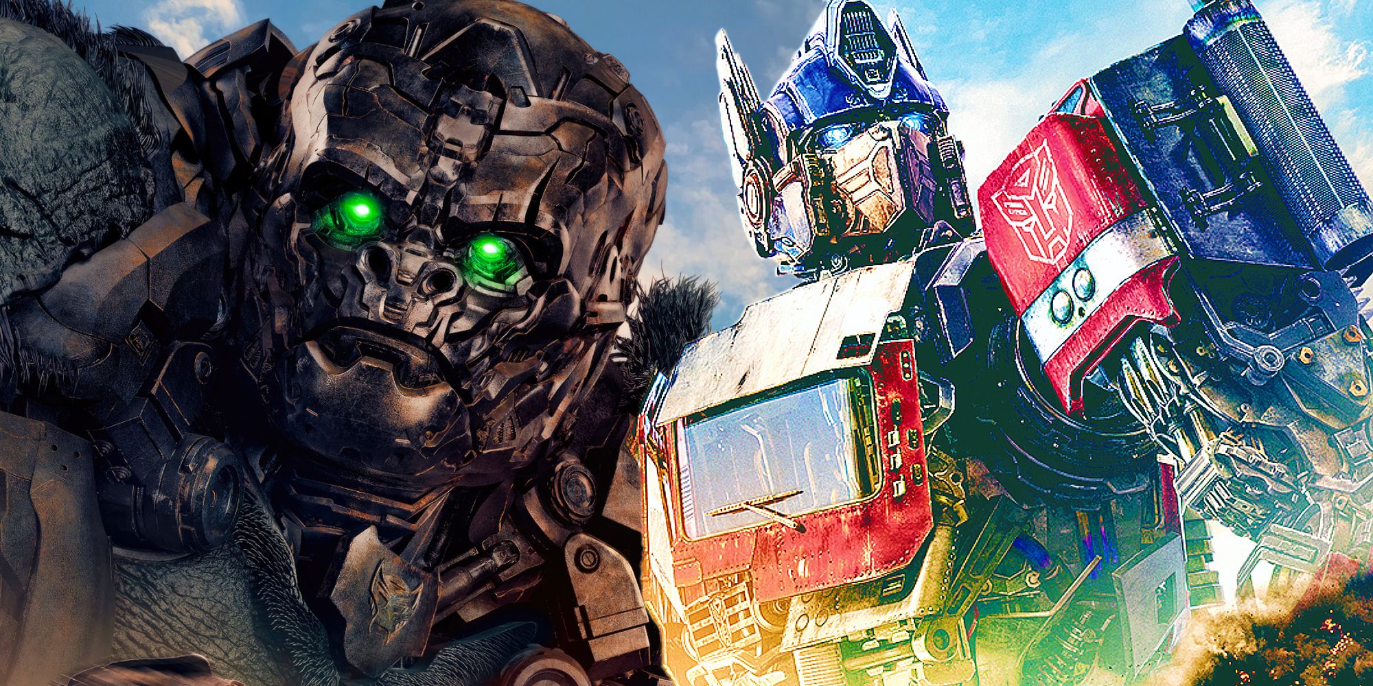 Optimus Prime and Optimus Primal's character poster from Transformers: Rise of the Beasts
