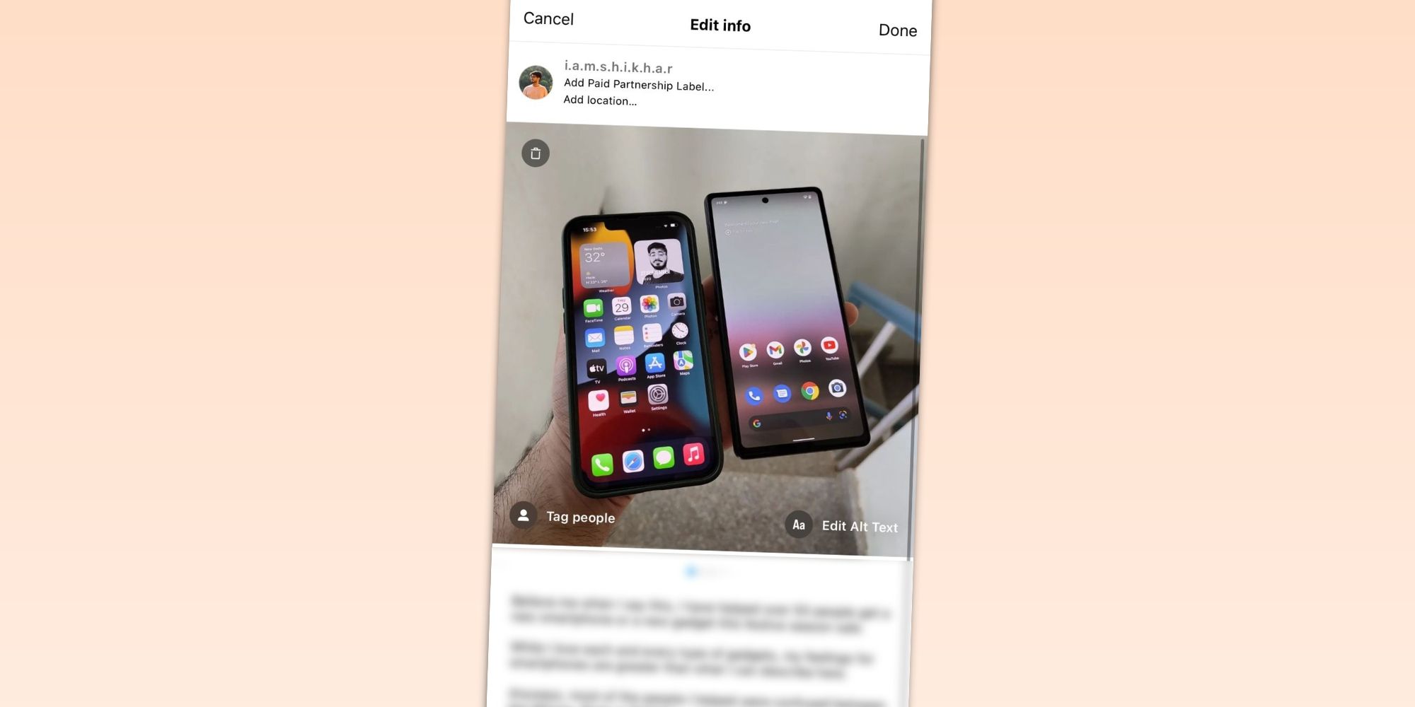 Opsi tangkapan layar untuk mengedit teks alt di Instagram