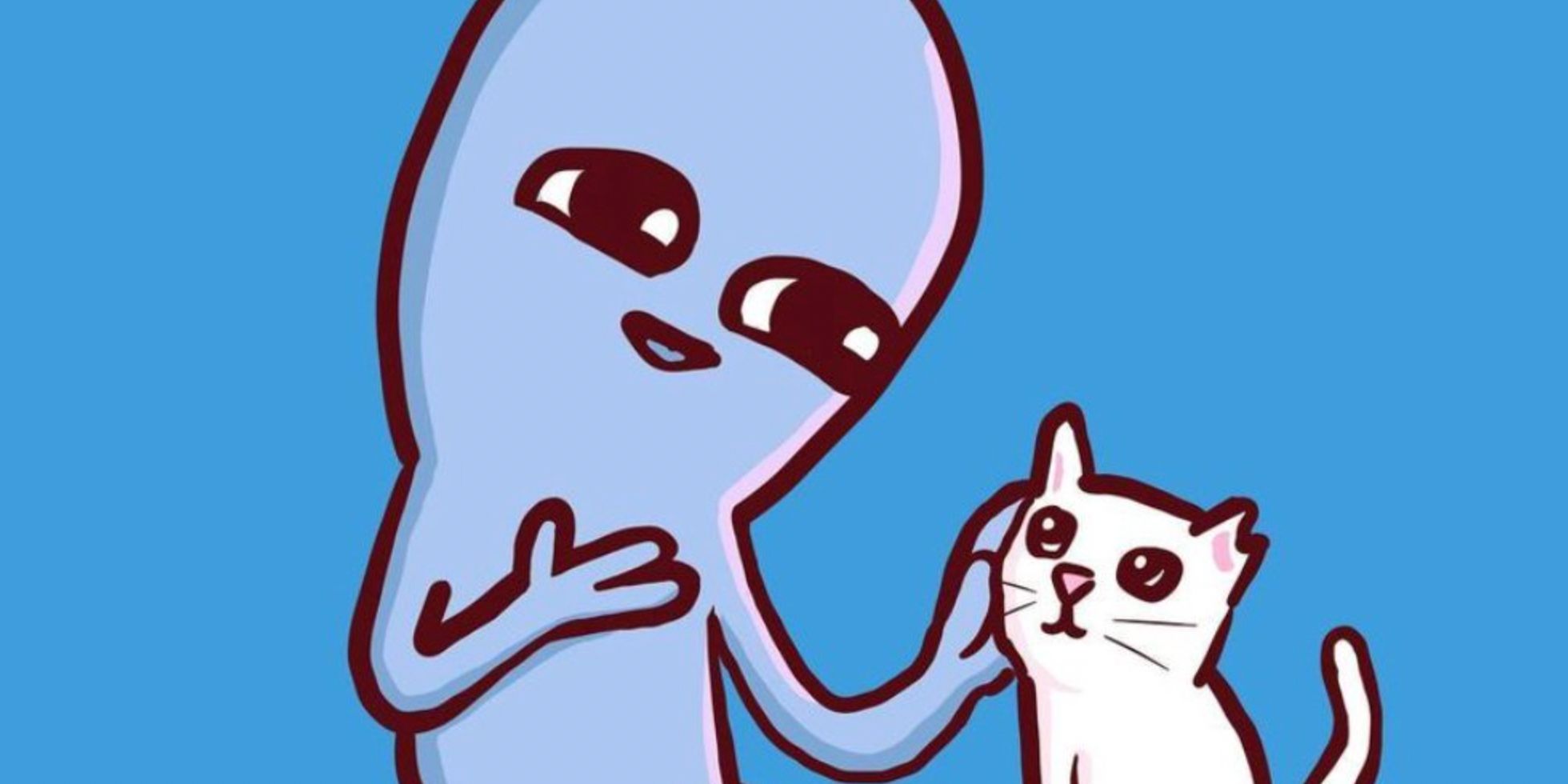 Original blue being and white cat drawing for Strange Planet graphic novel