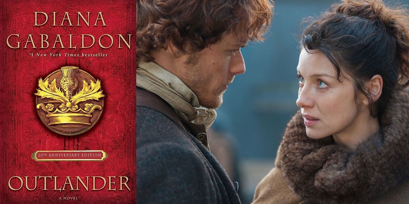 A split image of the Outlander book with Jamie and Claire from the show