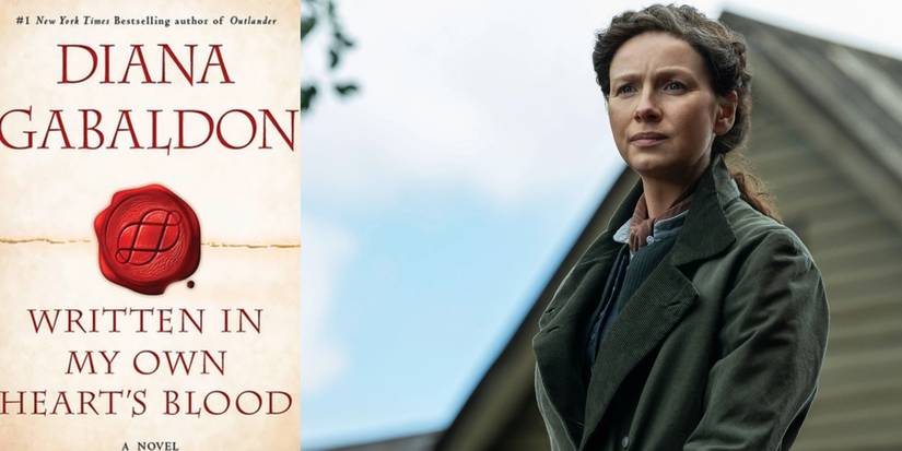 A split image of Claire with the cover of Written in My Own Heart's Blood 