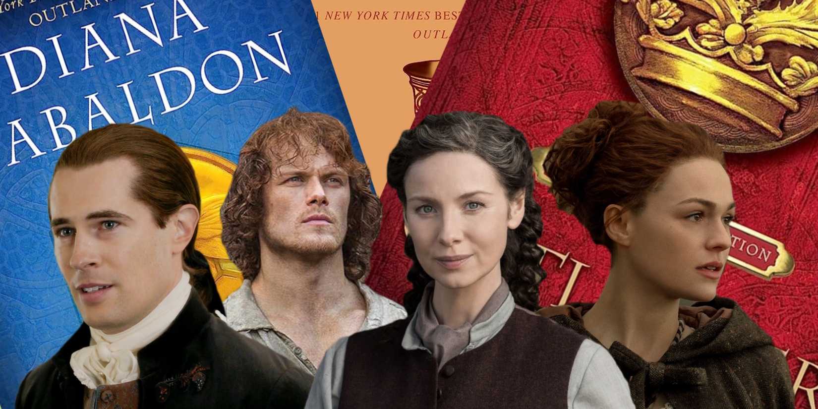 A composite image of characters from Outlander in front of the book covers 
