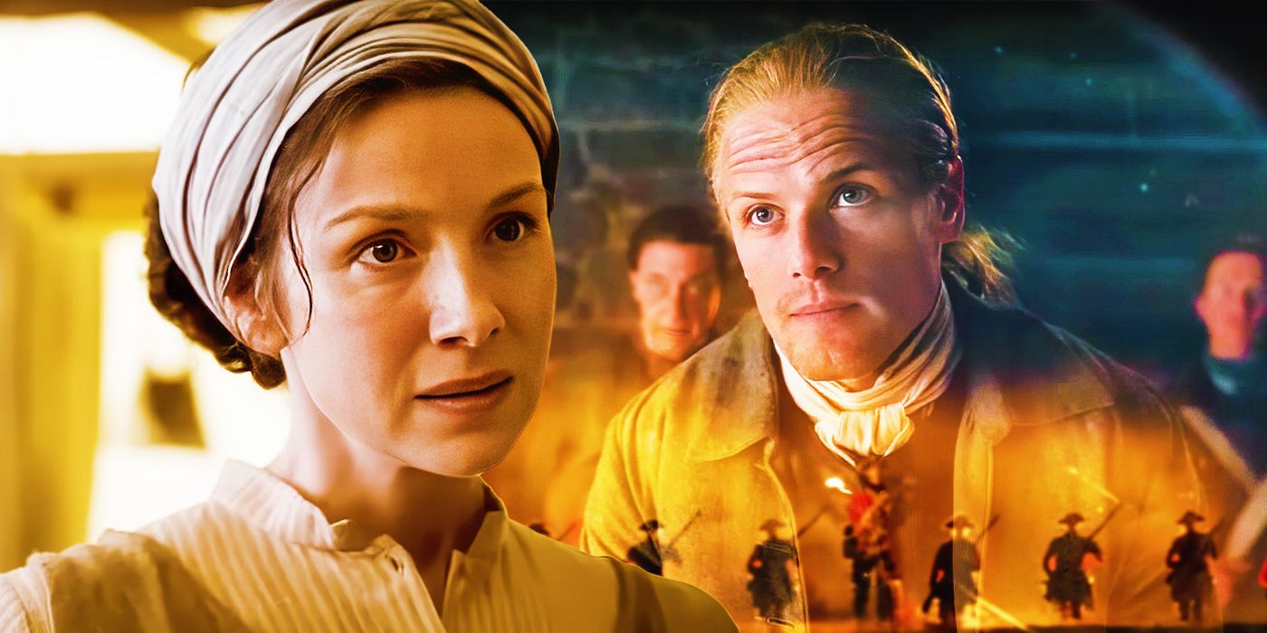 Caitríona Balfe como Claire Fraser y Sam Heughan como Jamie en la temporada 7 de Outlander