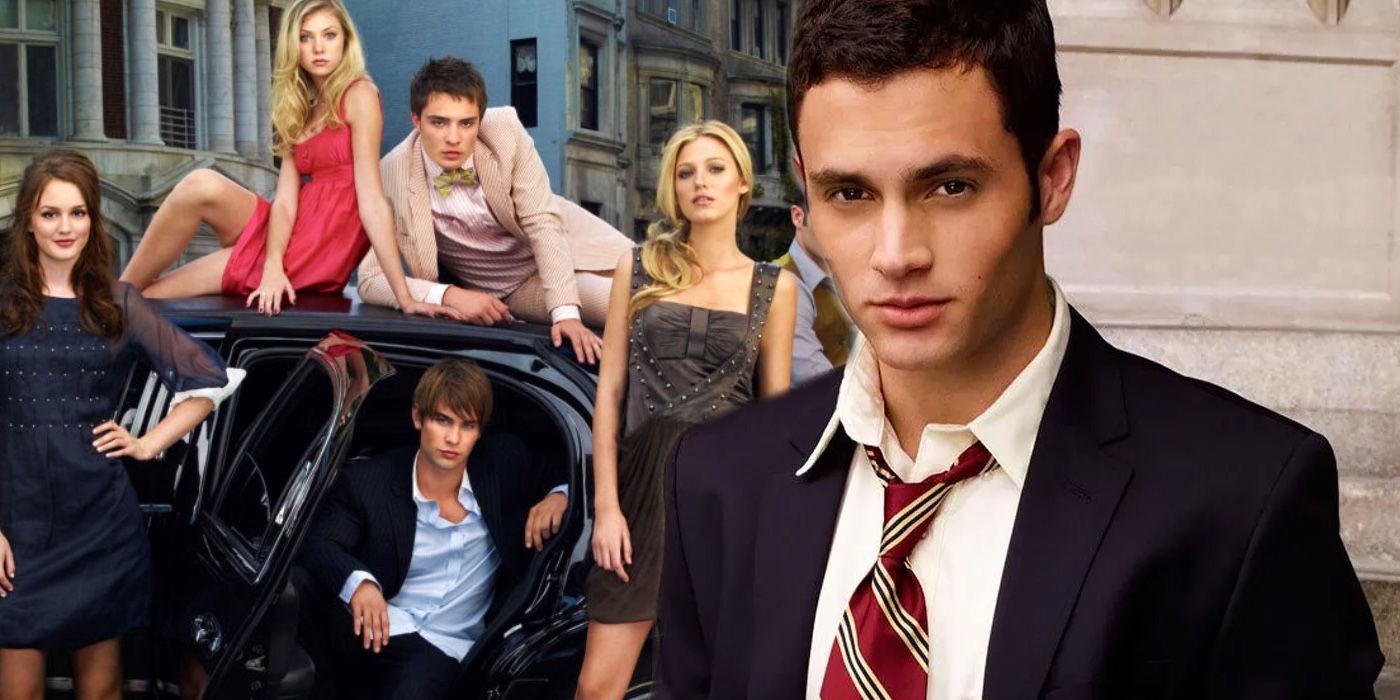 A blended image features the Gossip Girl cast in the background with Penn Badgley as Dan at the forefront