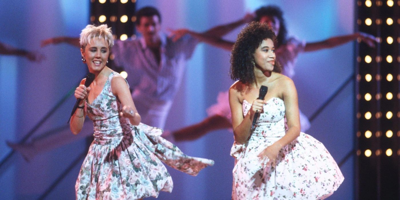 Pepsi and Shirlie performing at a Wham concert