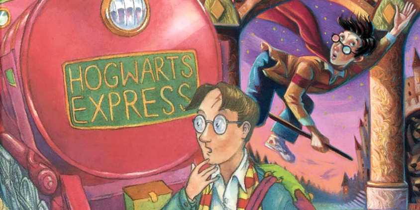 A blended image features the artwork from Harry Potter and the Philosopher's Stone and Sorcerer's Sone book covers