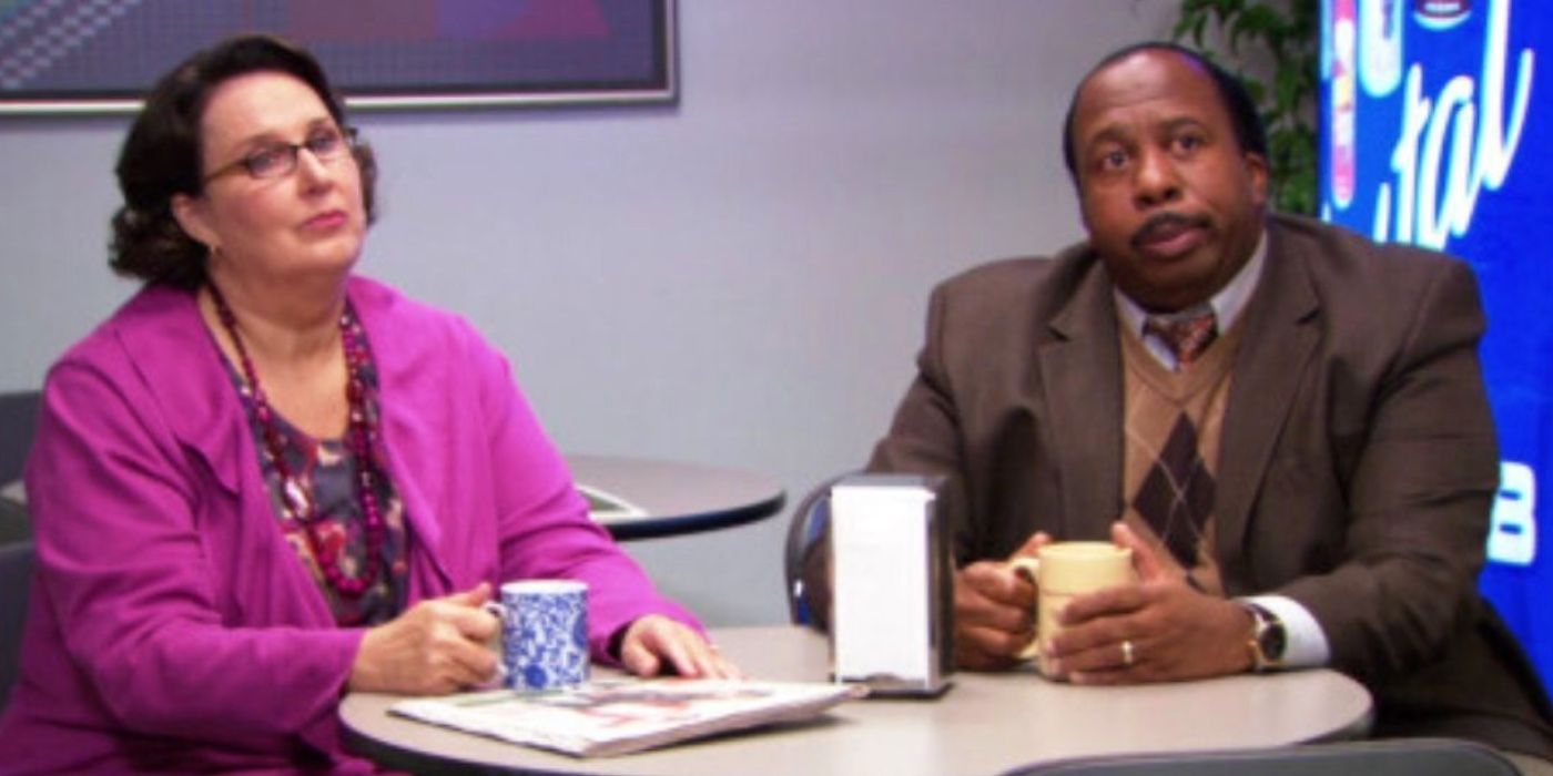 Phyllis and Stanley eating in the break room on The Office