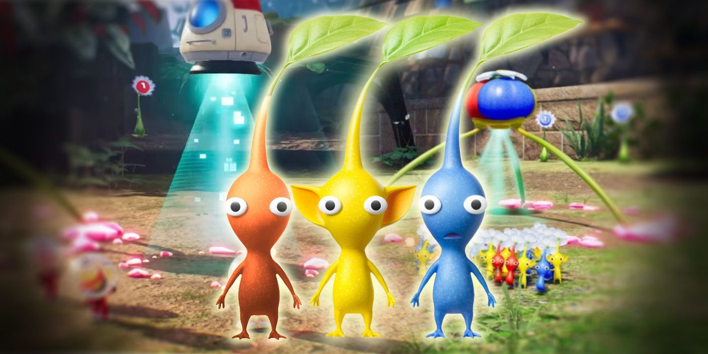 Three Pikmin from Pikmin 4 in front of the S.S. Beagle and Onion
