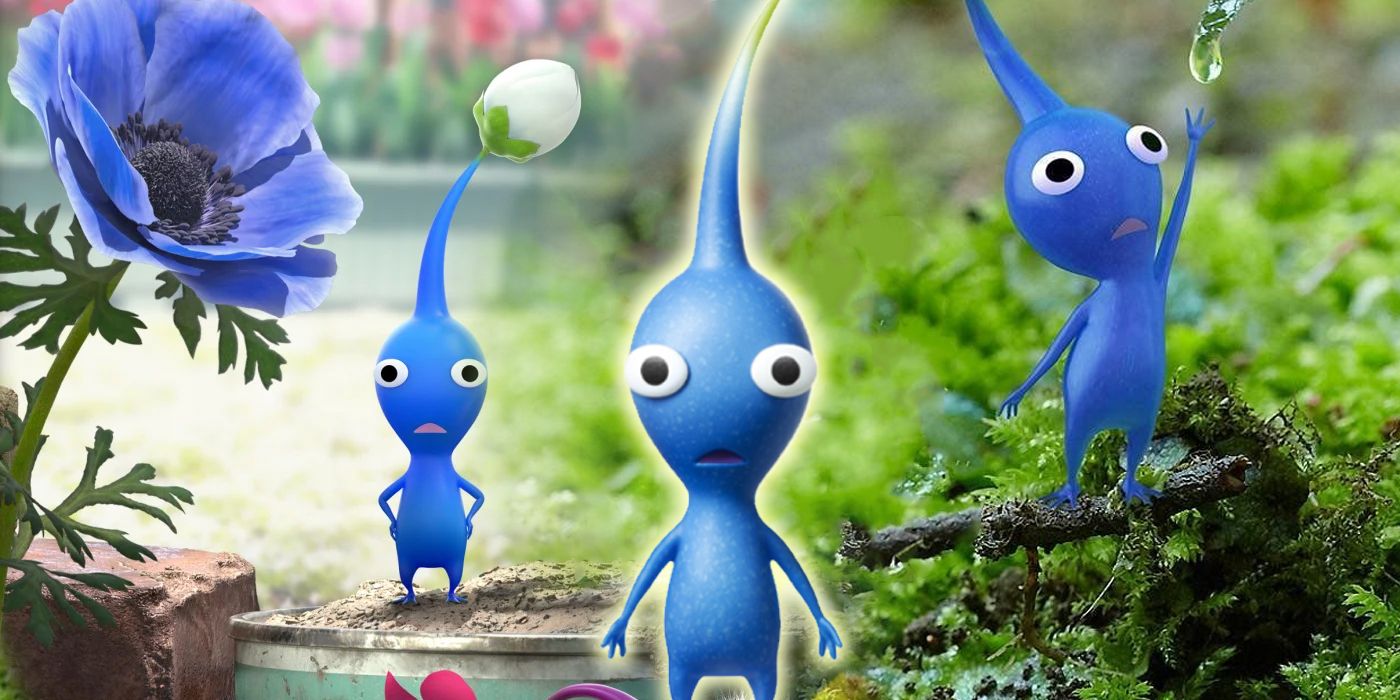 Three Blue Pikmin on grass and near a flower from Pikmin 4