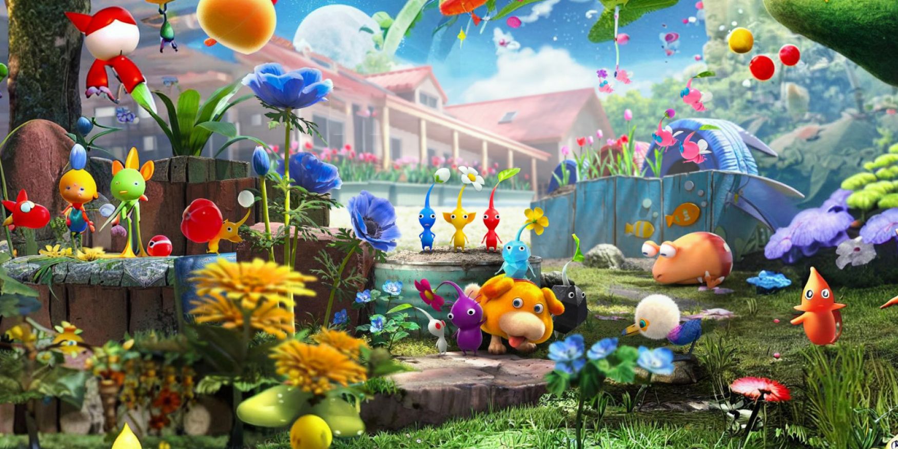 Various Pikmin Characters with a House and other environments from Pimin 4