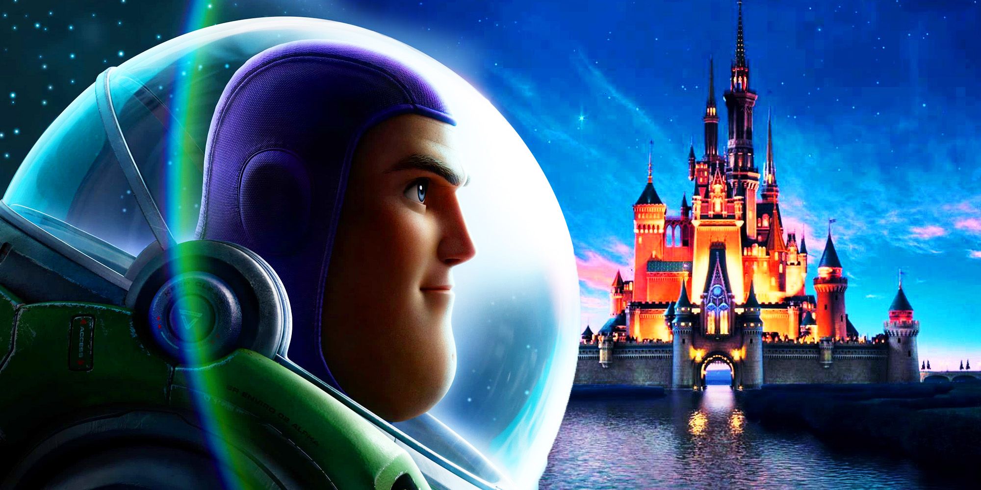 La cabeza de Buzz Lightyear superpuesta al castillo de Disney.