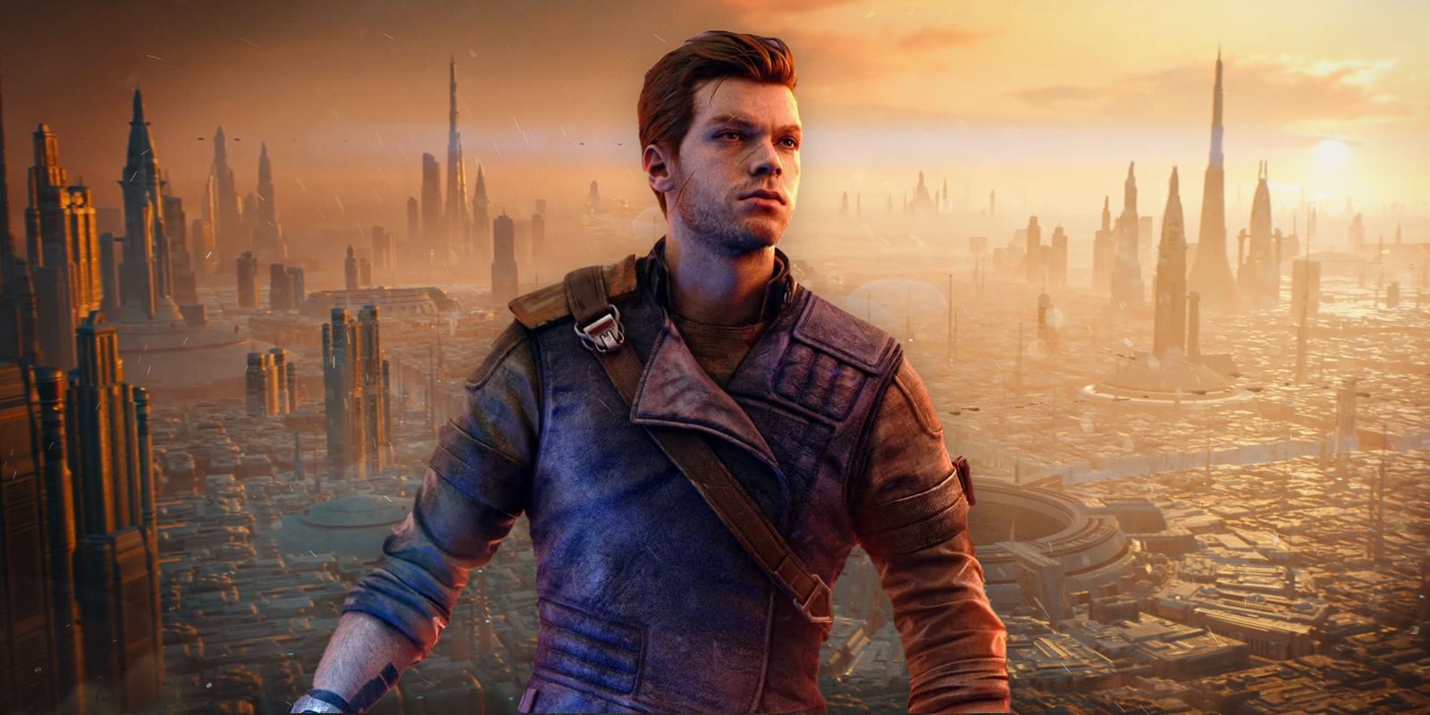 Star Wars Jedi Survivor Cal Kestis looking into the distance in front of the city world of Coruscant