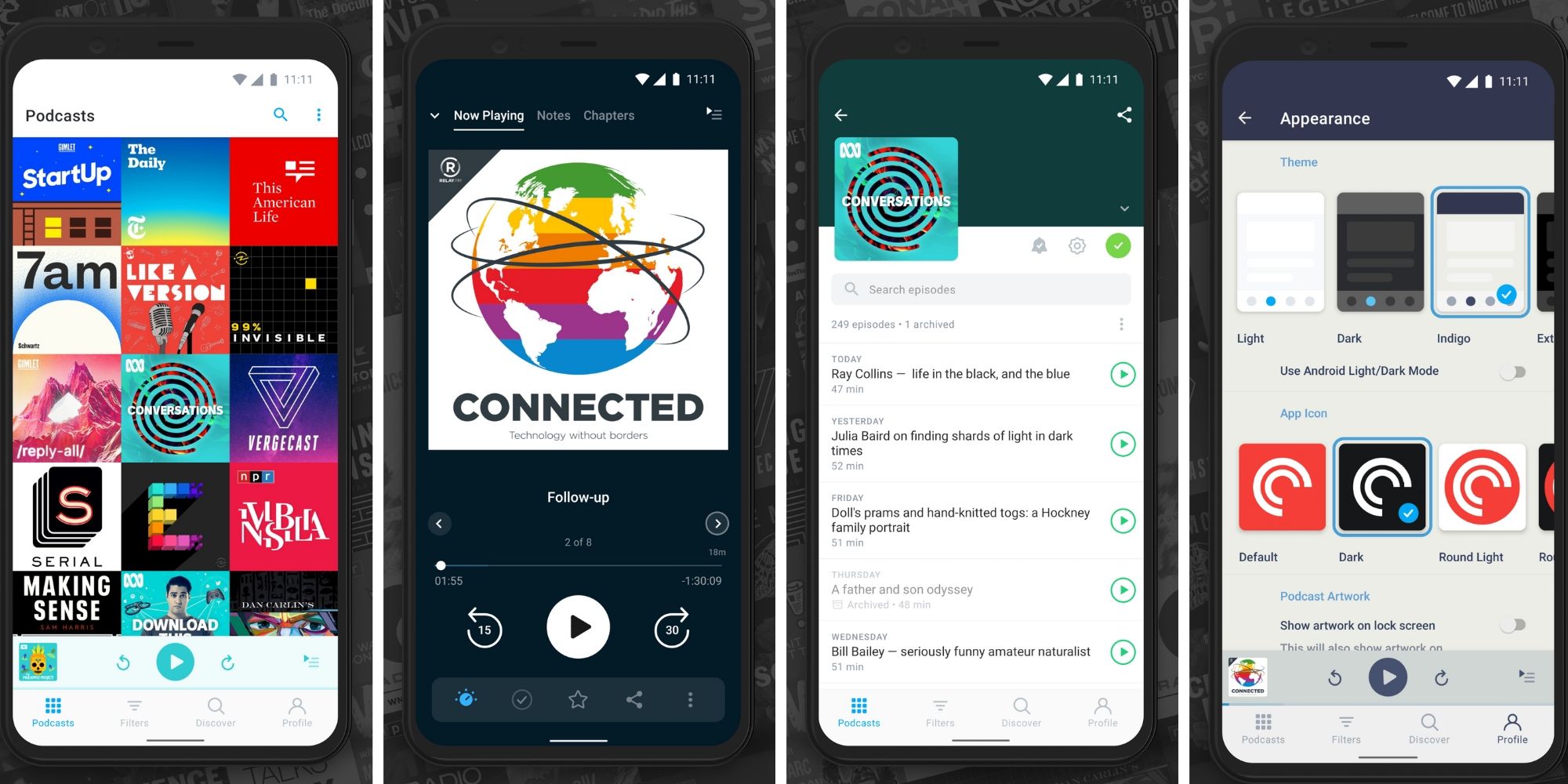 Tangkapan layar aplikasi podcast Pocket Casts untuk Android dan iOS
