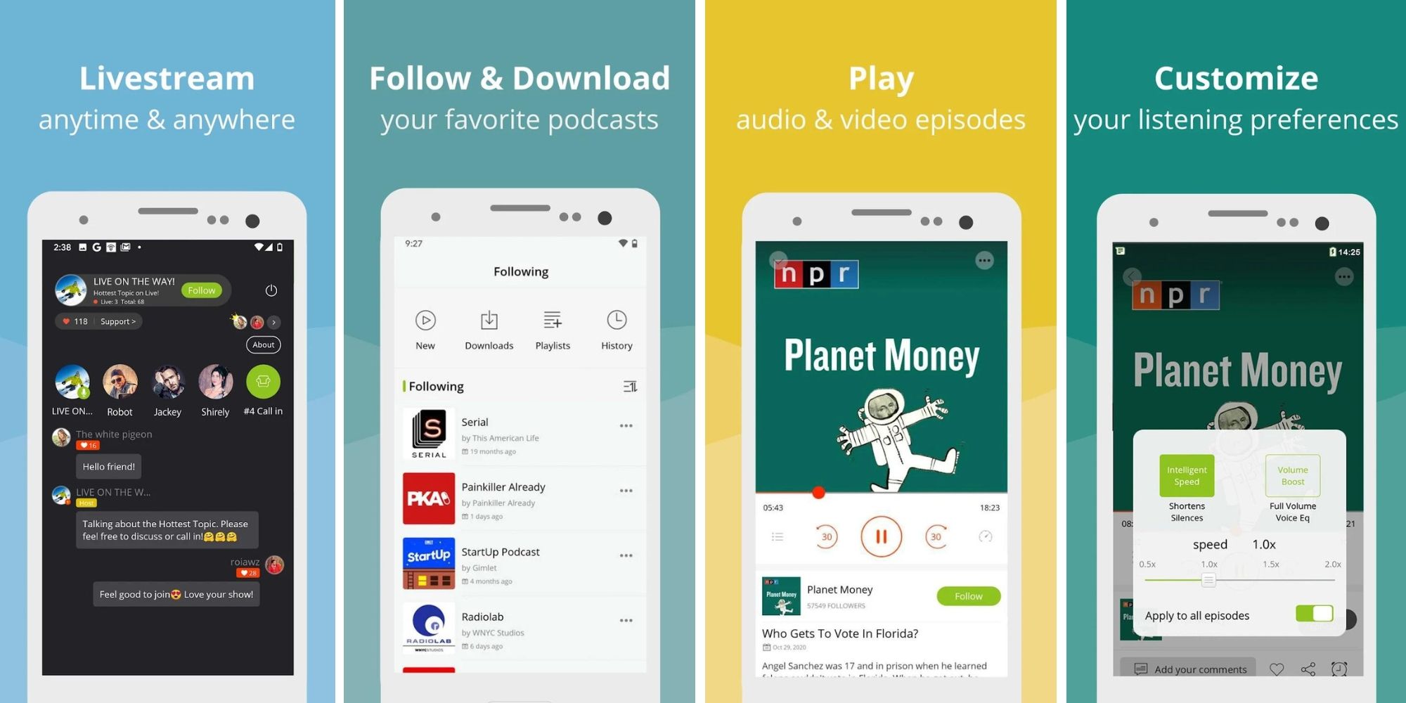 Tangkapan layar aplikasi podcast Podbean untuk Android dan iOS