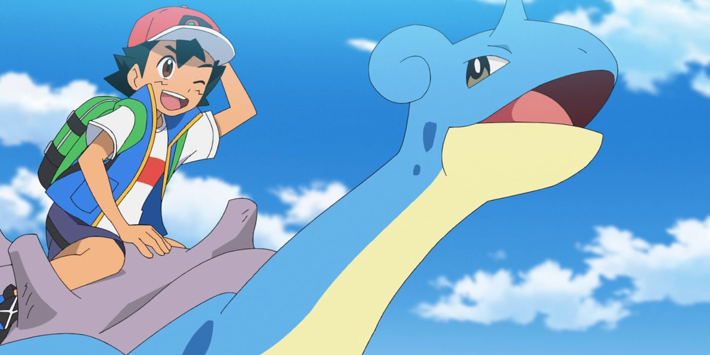 Pokémon's Ash smiles as he rides Lapras.