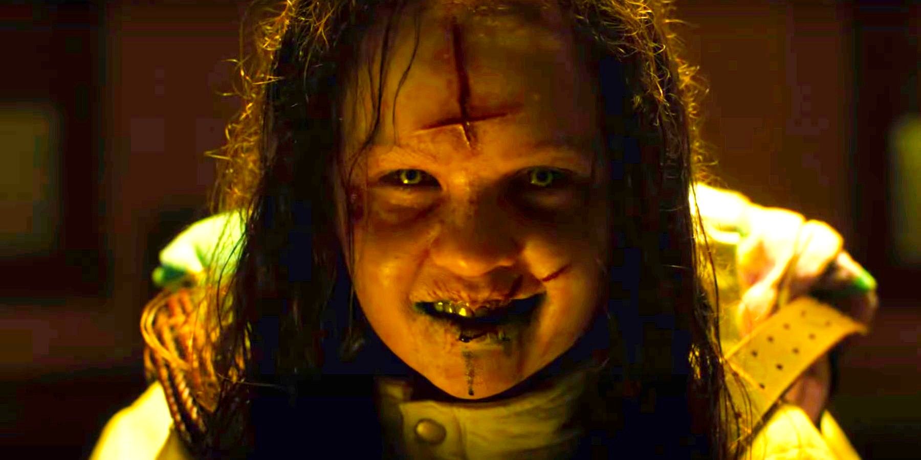 Possessed child with an inverted cross in her forehead in The Exorcist Believer trailer