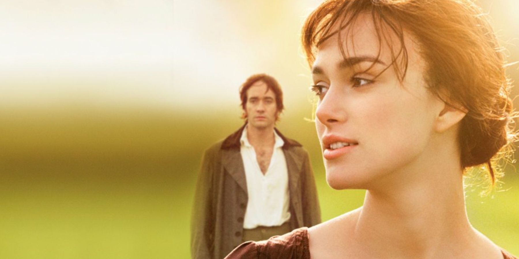 A gold tinted image features Elizabeth Bennet in the foreground and Mr. Darcy in the background for Pride and Prejudice 2005