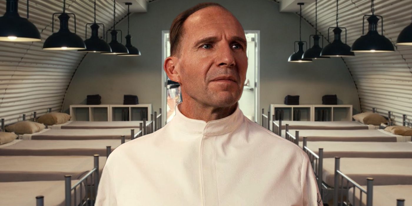 Ralph Fiennes as Chef Slowik in Front of the Hawthorn Sleeping Quarters from The Menu