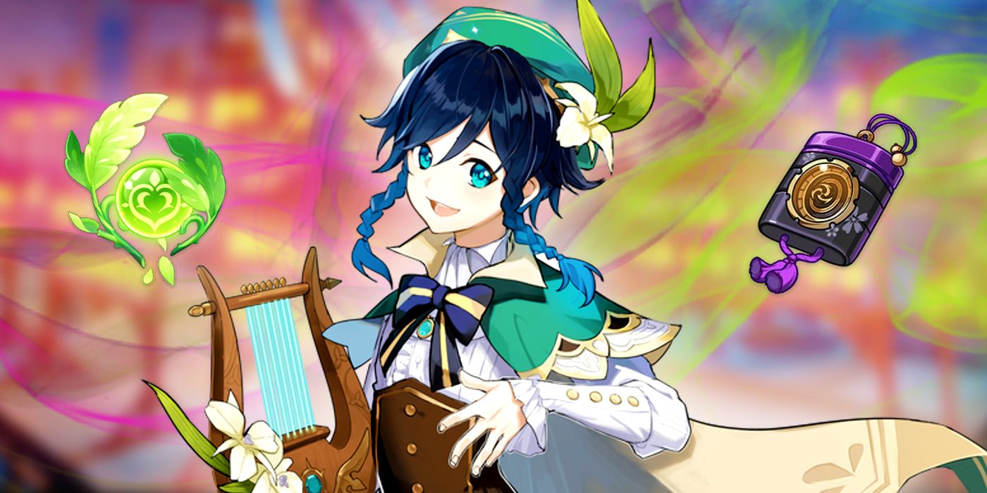 Genshin Impact&rsquo;s Venti plays a lute in the middle. To the left is a floating Dendroculus and to the right is an Artifact from the Emblem of Severed Fate set.