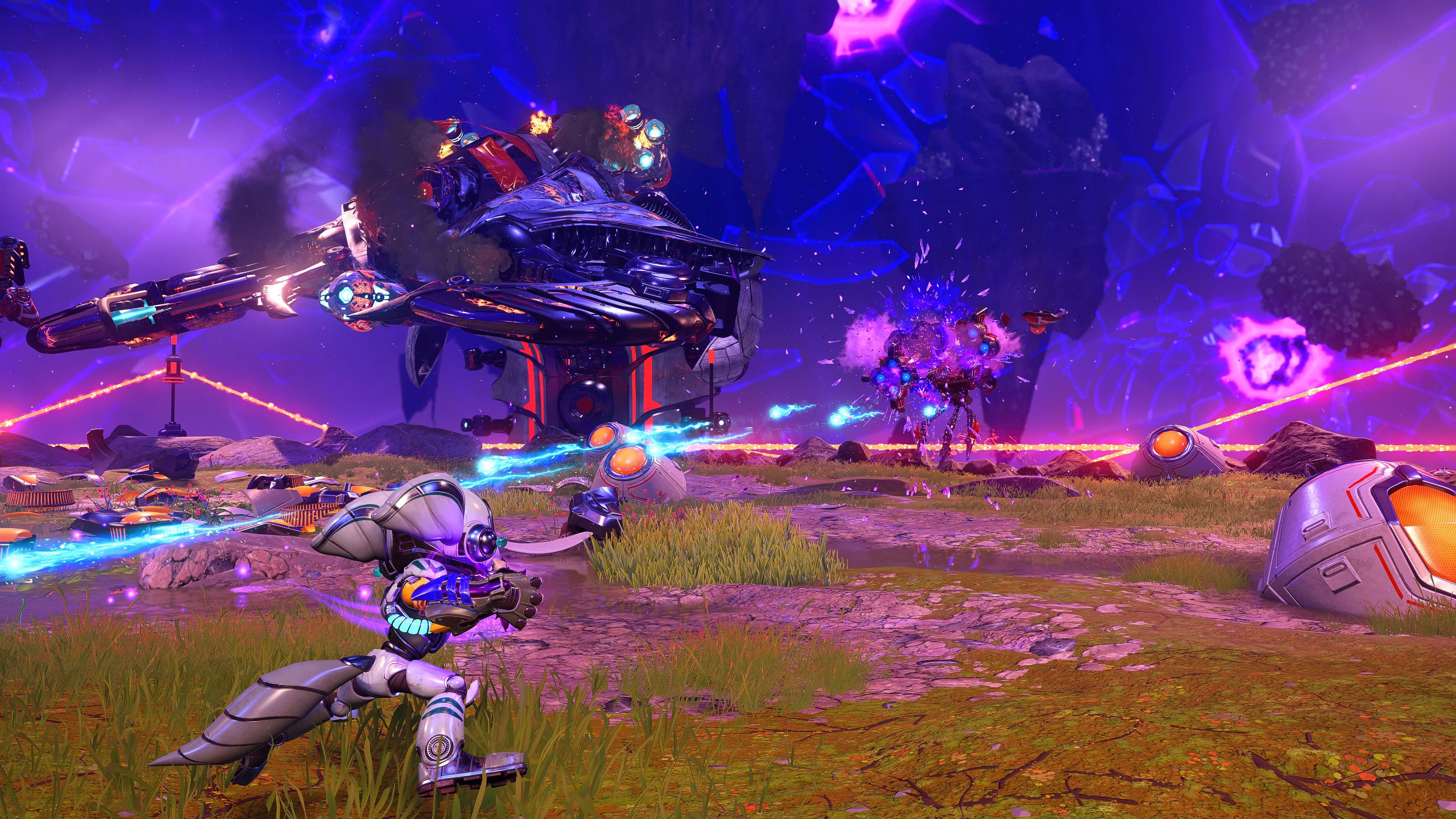 Ratchet And Clank Rift Apart Rivet Tossing Shatterblast Grenade At Enemy Robot