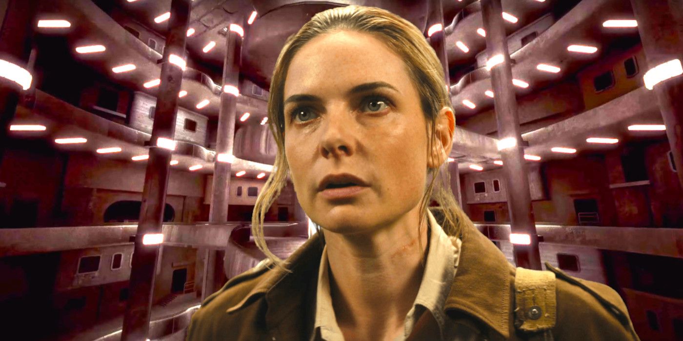 Rebecca Ferguson in Silo wearing a dramatic expression against a 3D computer rendering of the show&rsquo;s bunker setting