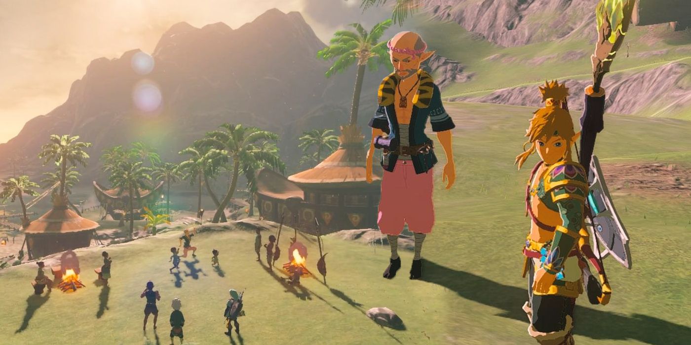 Link and Bolson next to an overview of Lurelin Village from Tears of the Kingdom.