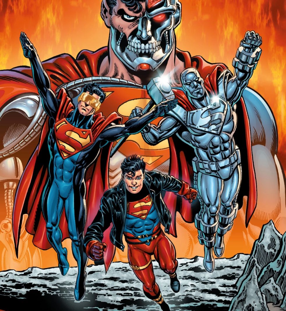 The four Supermen from the Return of Superman: Superboy, Steel, The Eradicator and Cyborg Superman