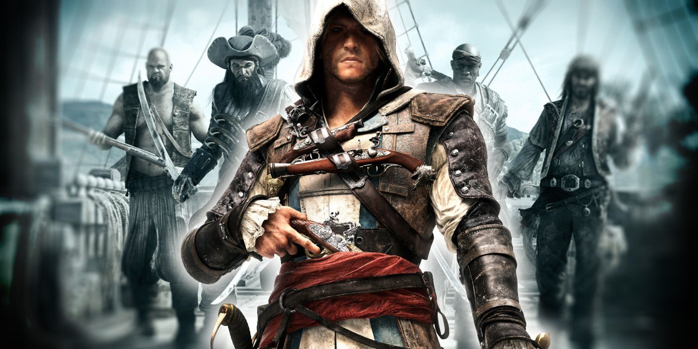 An image of a hooded Edward Kenway standing on the deck of his ship. Behind him, greyed out, are a variety of the other pirates players can encounter in Black Flag, including Blackbeard.