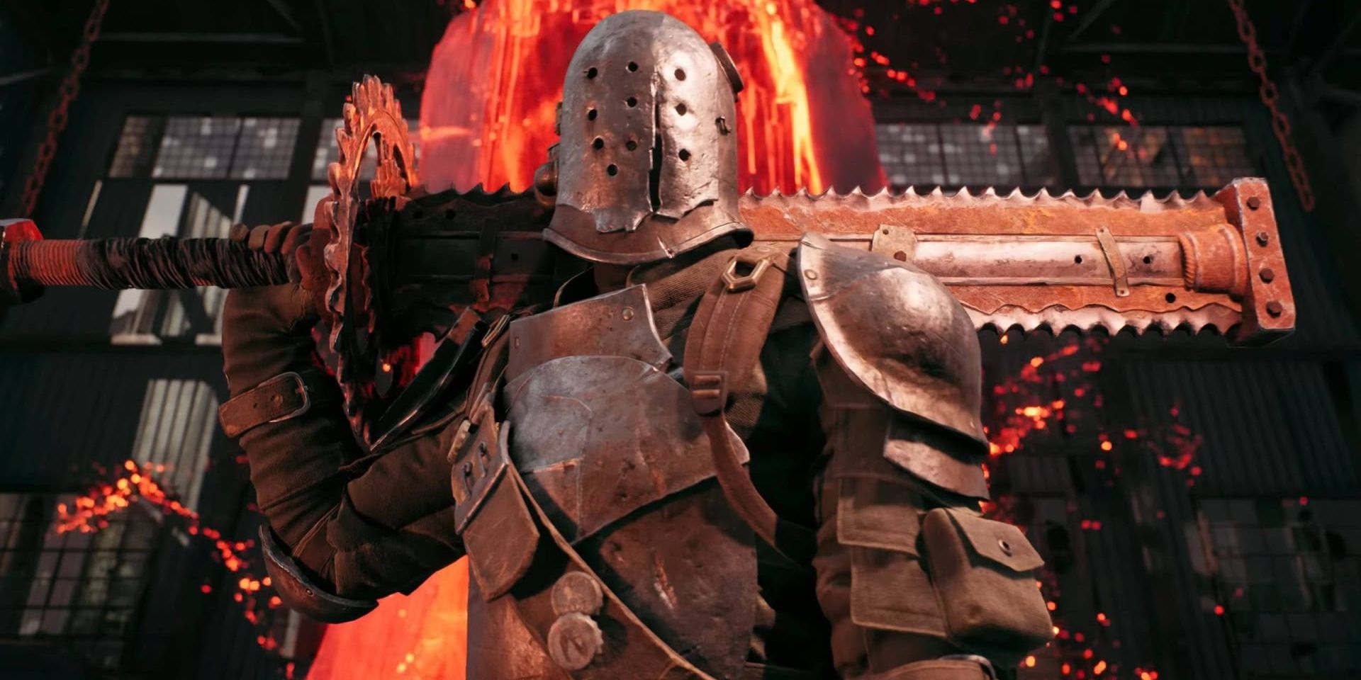 A challenger player character in Remnant 2, standing in front of a fiery red crystal. They wear a bell-shaped metal helmet with several holes poked into the front, and carry a serrated sword over their shoulder.